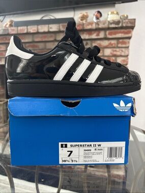 Women’s Adidas Superstar II Casual Glossy Black Sneakers JS4009 Size 7